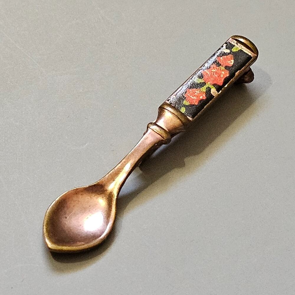 Spoon Brooch Mini Accent Pin Floral Enamel Flowers Goldtone Vintage